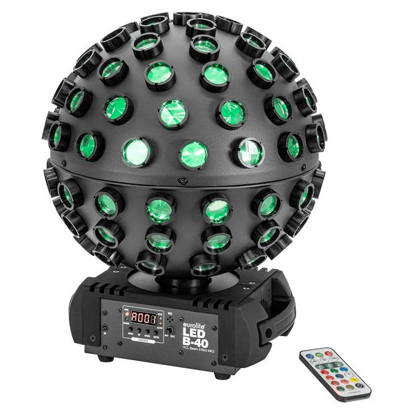 LED Discokugel Beam Effect – Kugelförmiger LED-Strahleneffekt mit RGBWA+UV-Farbmischung und Fernbedienung – die moderne Alternative zur Spiegelkugel mieten