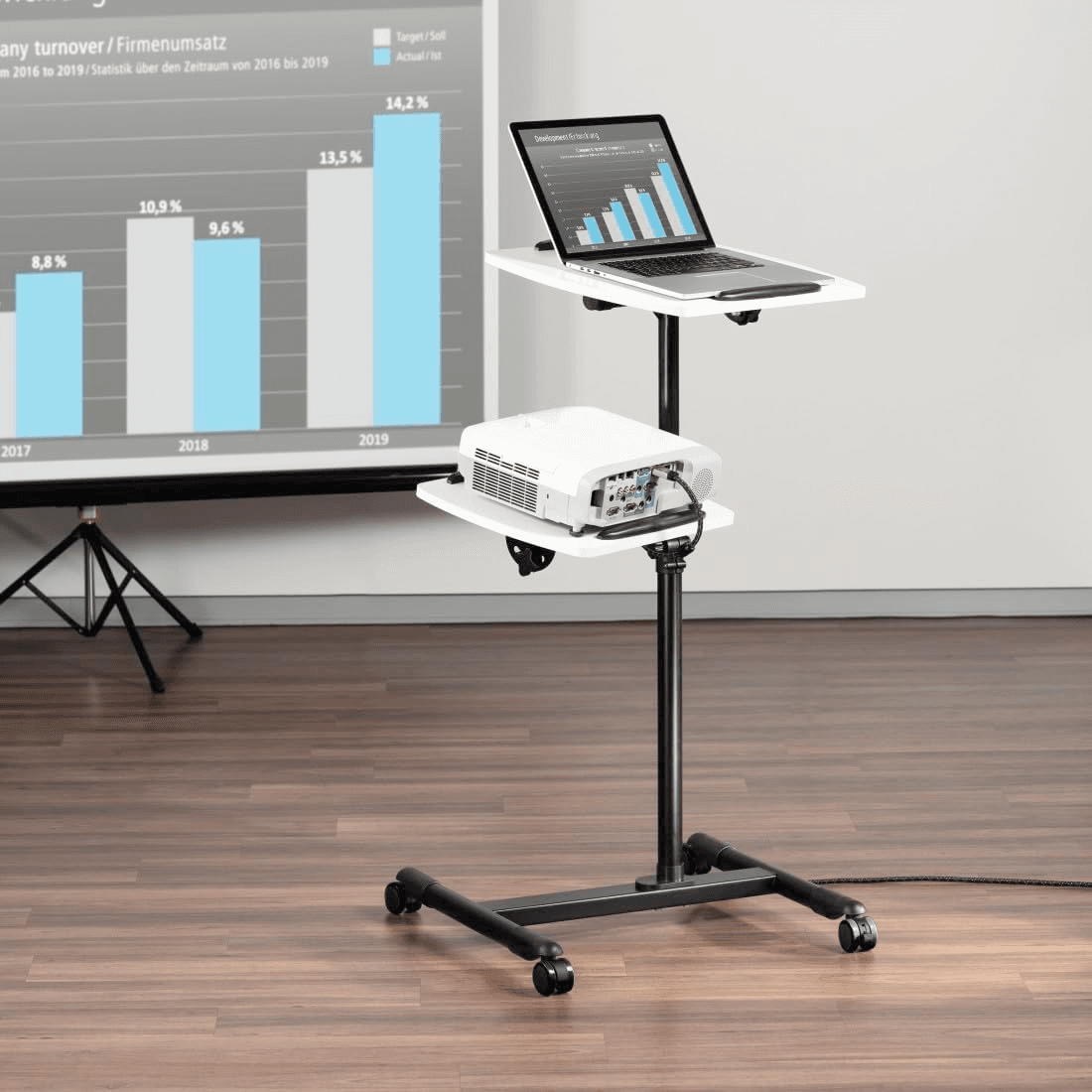 Hama Beamer-Stativ mit 2 Ebenen – Höhenverstellbarer Projektionstisch mit 2 Ebenen, 360° drehbar, neigbar und auf Rollen mobil mieten – Bild 3