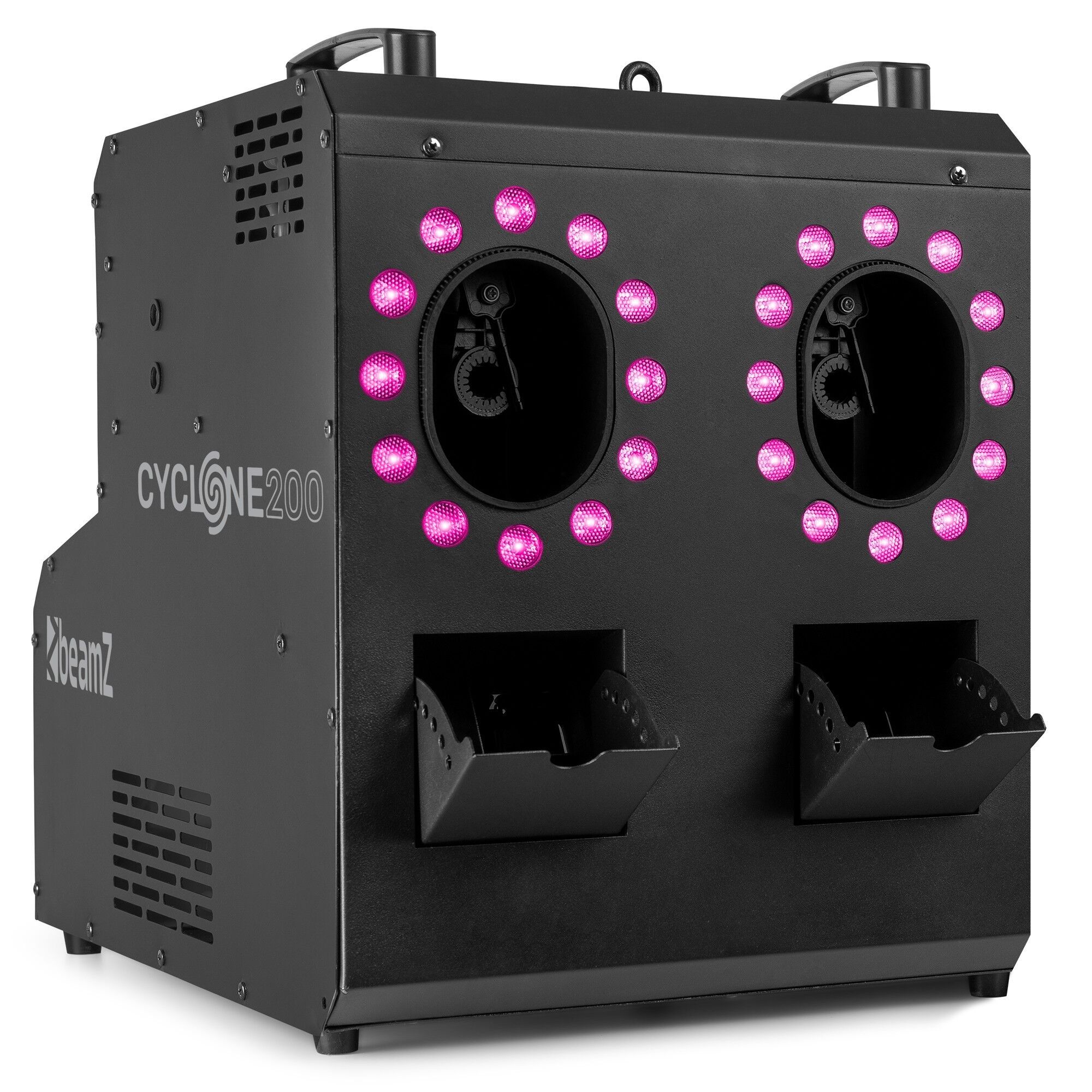 Nebel- & Seifenblasenmaschine BeamZ Cyclone200 – 2-in-1 Nebel- und Seifenblasenmaschine mit 24× RGBW-LEDs – erzeugt Nebel, Seifenblasen oder mit Nebel gefüllte Seifenblasen, inkl. Funk-Fernbedienung mieten