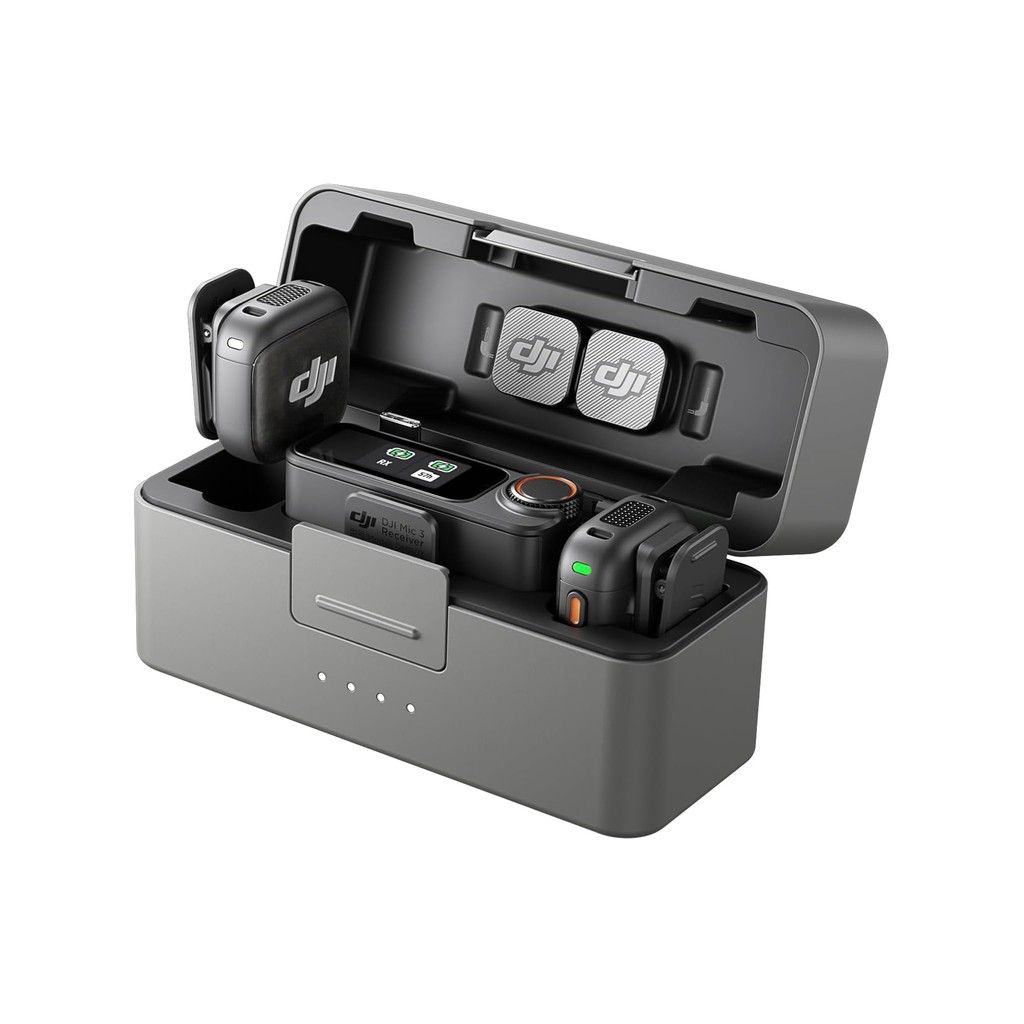 DJI Mic 3 Funkmikrofon-Set – Kompaktes Funkmikrofon-Set mit 2 Sendern, Empfänger und Ladeschale - für Reden, Podiumsdiskussionen, Interviews, Kamera, Handy und Livestreams mieten