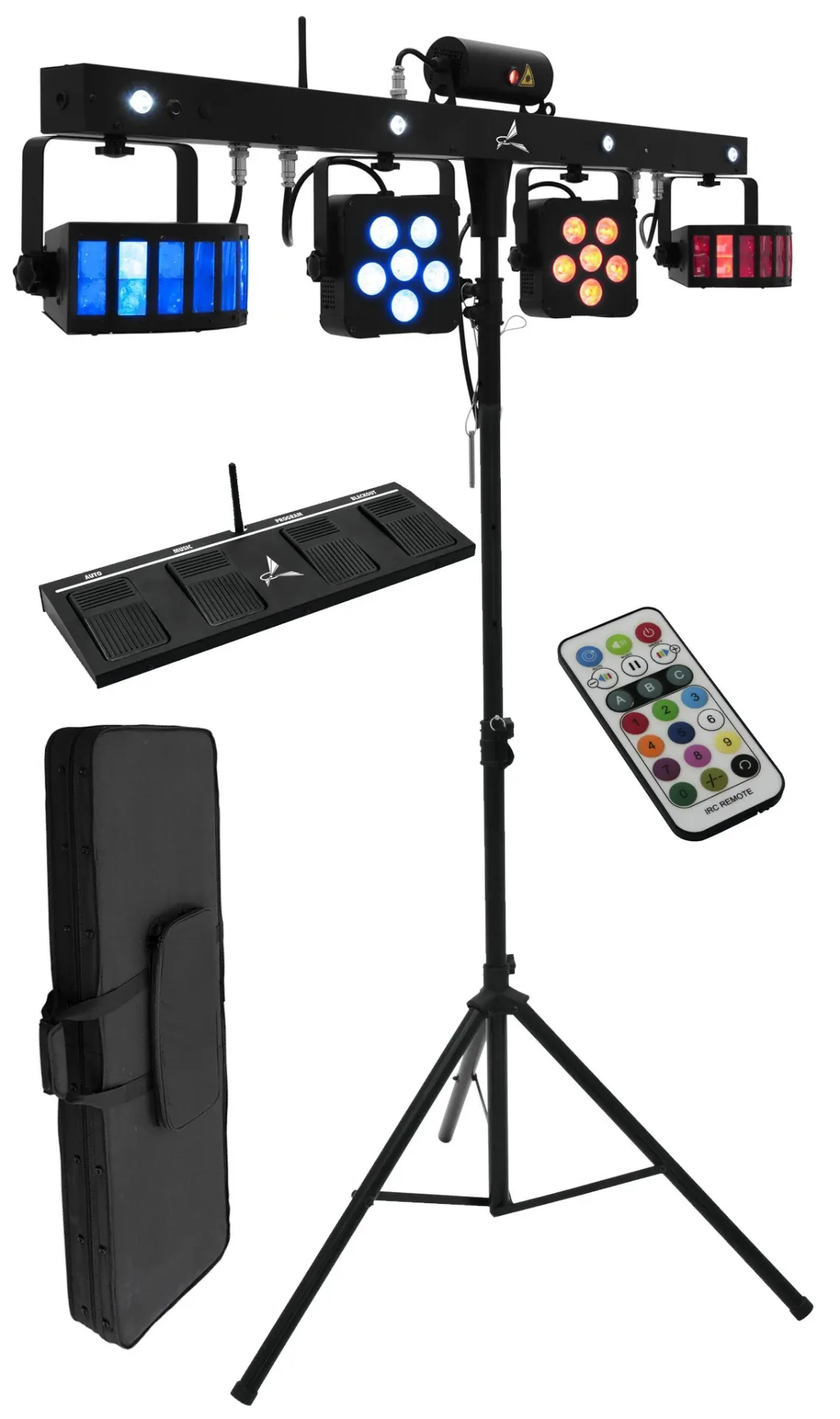 Eurolite Lichteffektleiste mit Laser - 4-in-1-Lichteffektbar mit Laser, LED-Derbys, Spots und Stroboskop - komplett vormontiert inkl. Lichtstativ und Funk-Fußschalter mieten - Bild 6